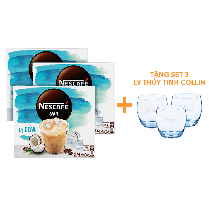 Cà phê hòa tan NESCAFÉ Latte VỊ DỪA - COMBO 3 hộp x 10 gói x 20g -
