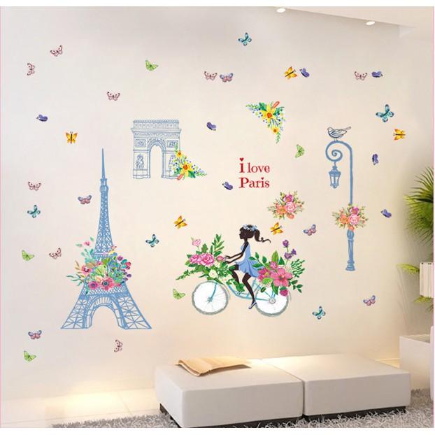 Decal trang trí tường - Tháp Xanh Cô Gái Xe Đạp Hoa