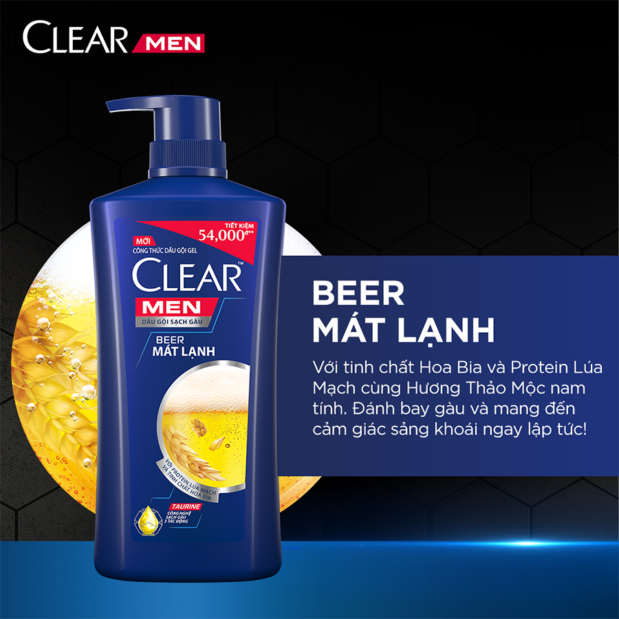 Dầu Gội Đầu Cho Nam Clear Men Beer Mát Lạnh Đánh Bay Gàu, Ngứa Và Vi Khuẩn Công Nghệ Sạch Gàu 3 Tác Động 650g