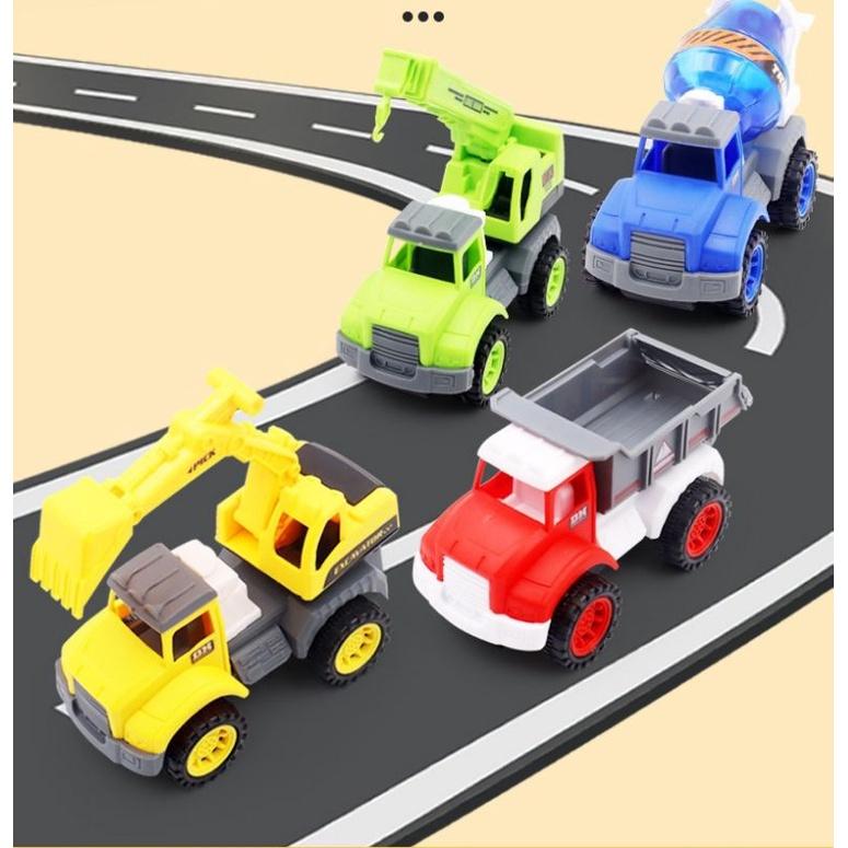 Bộ 4 xe công trình 4 màu Xe mô hình cho các bé, nhựa ABS cao cấp, an toàn, chống chịu va đập chạy bánh đà