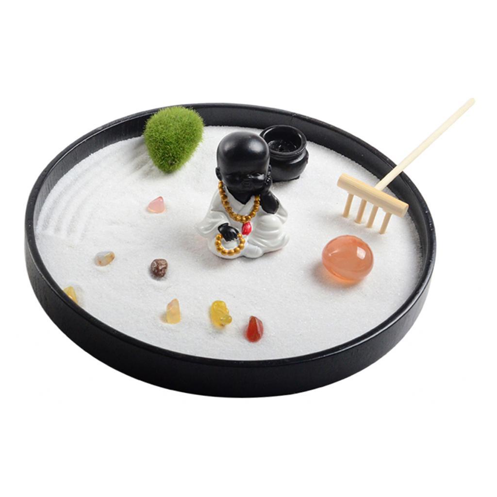 Round Mini Zen Garden w/Figurines Wooden Desktop Meditation Sandbox Dia 82"