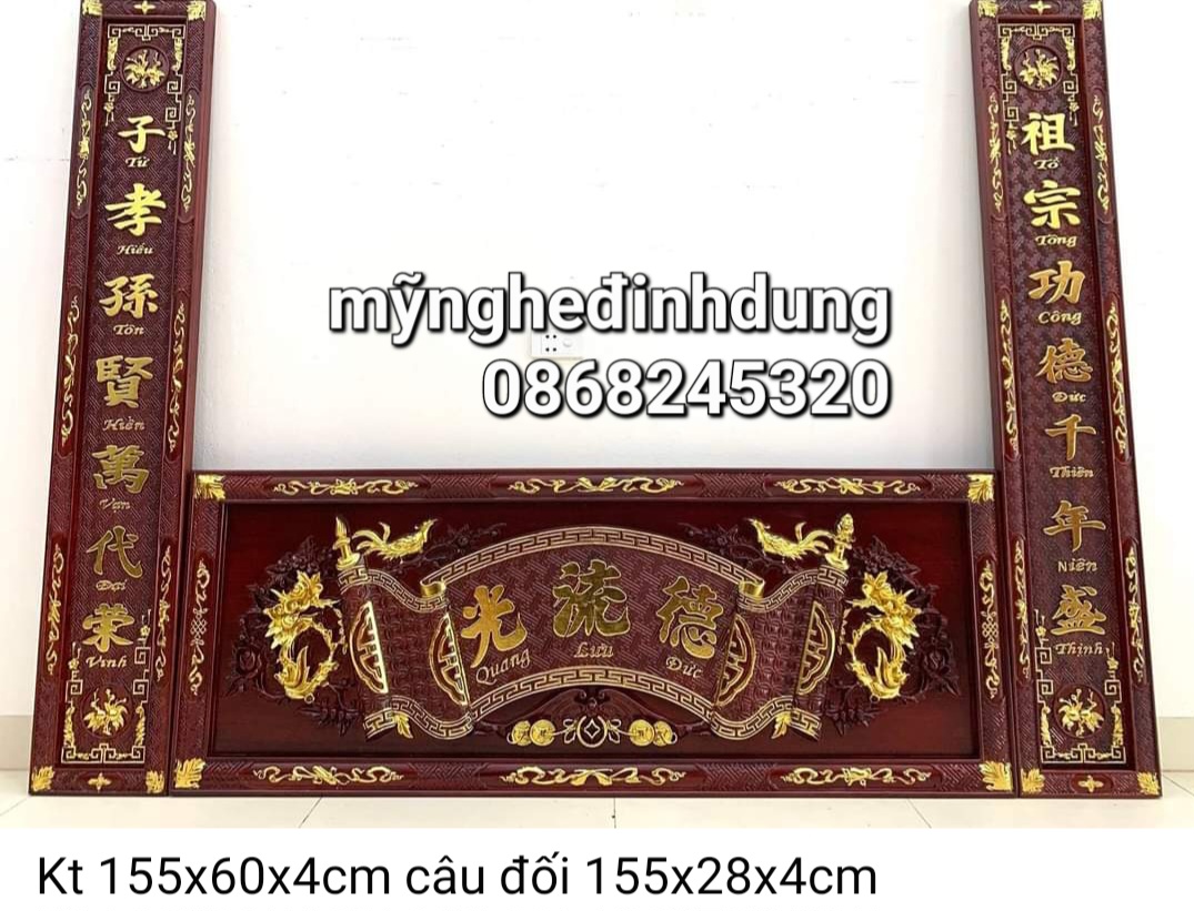 Bộ cuốn thư hoành phi câu đối gỗ hương đỏ pu giả cổ dát vàng cao cấp