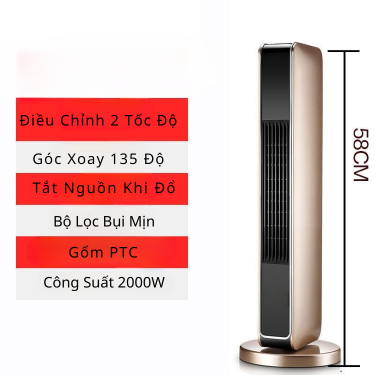 Quạt Sưởi Gốm HE-2022 Có Điều Khiển Từ Xa, Màn Hình Led Cảm Ứng, Quạt Sưởi Ấm Mùa Đông