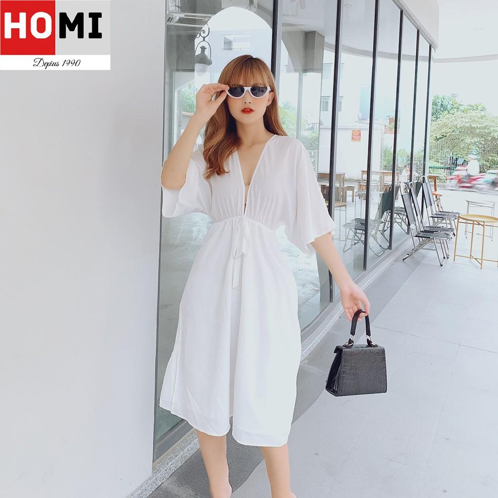 Đầm xòe cổ chữ V nơ cột eo - Màu trắng Hot sản phẫm HOMI Fashion