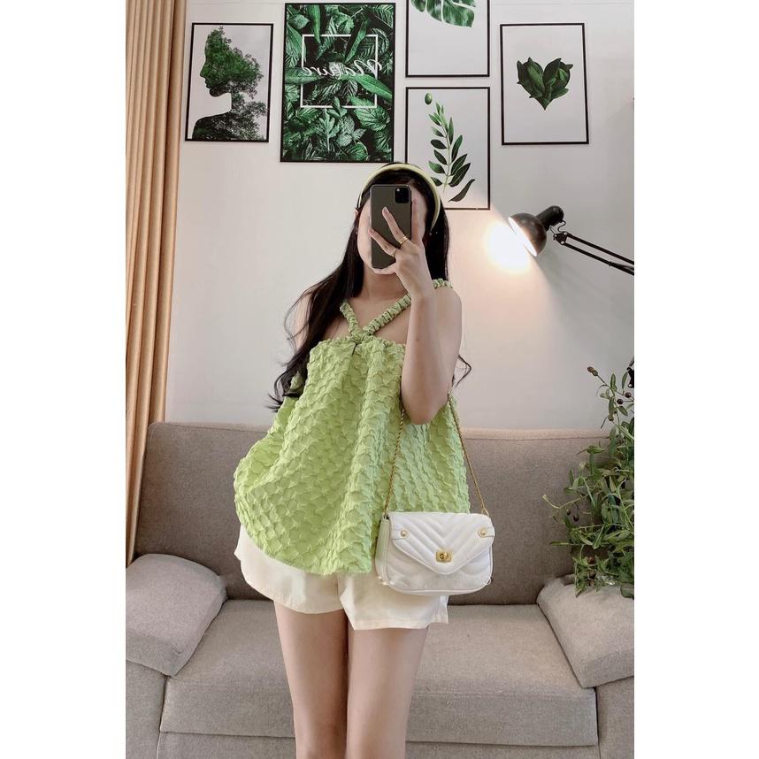 Set áo 2 dây dáng xoè chất xốp nổi phối quần short