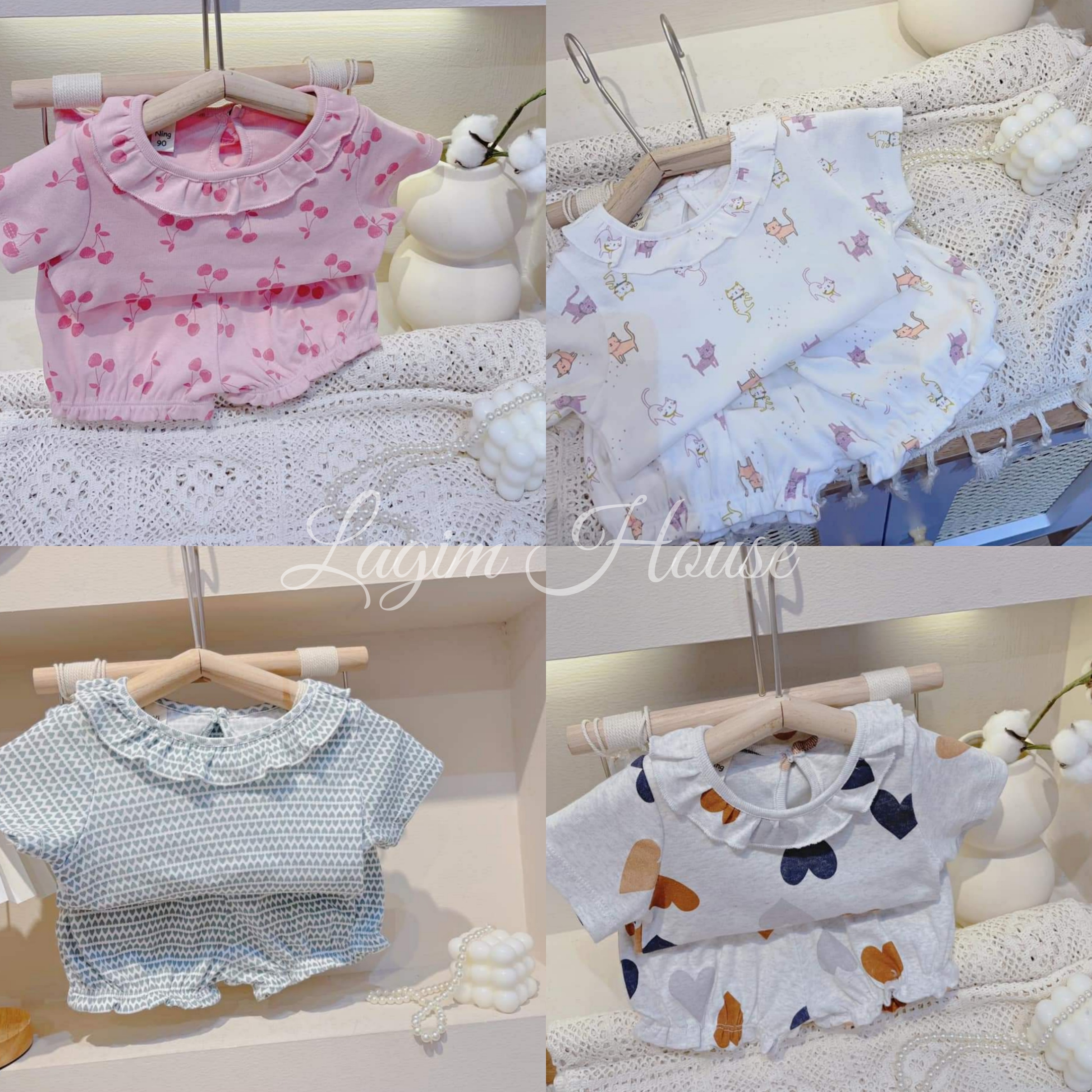 Đồ bộ bé gái mặc nhà chất thun cotton mềm mại, set bộ bé gái họa tiết tim lớn - Lagim House