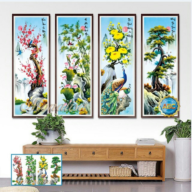 Tranh đính đá TỨ QUÝ ĐÀO TRÚC CÚC TÙNG chưa đính