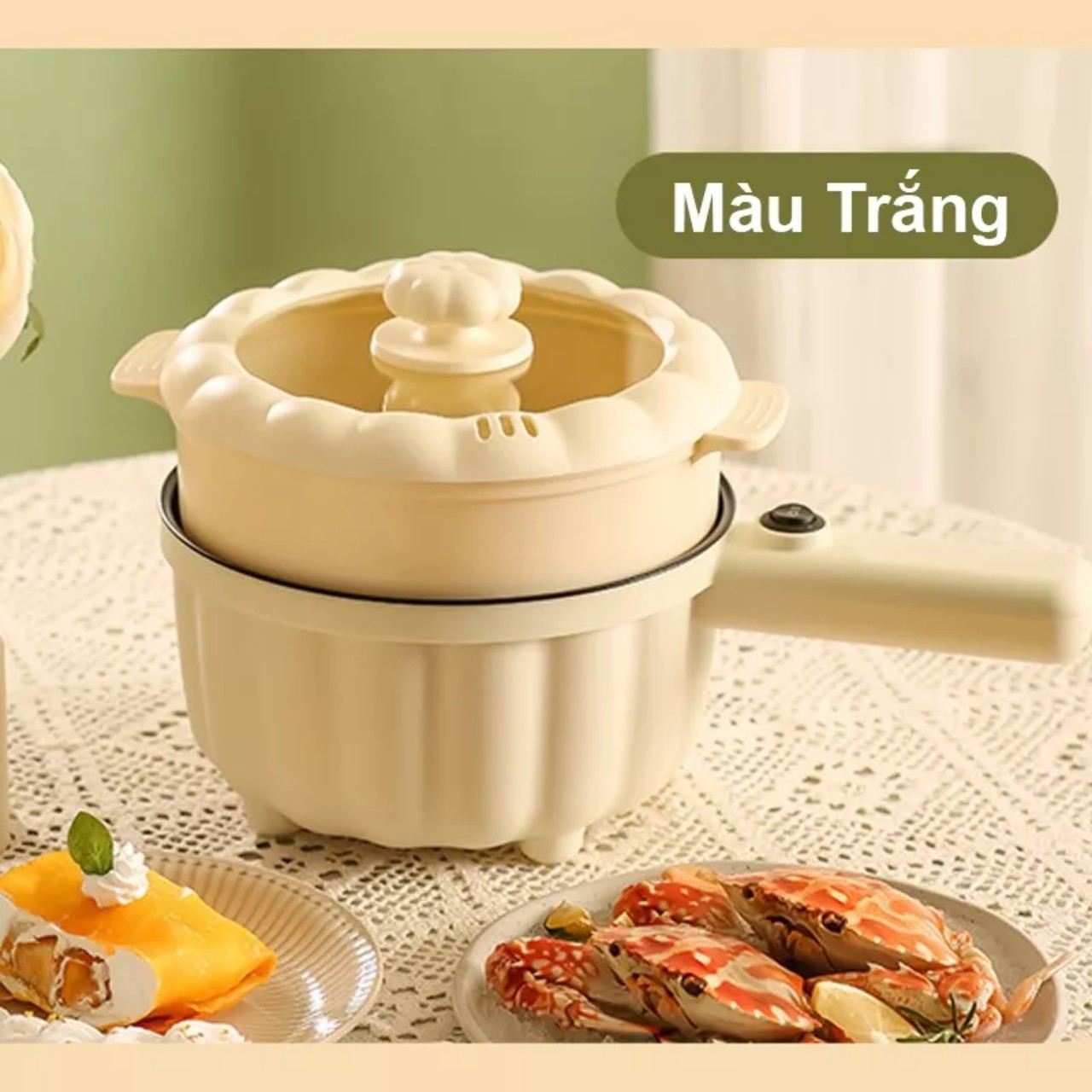 Nồi Điện Mini 2 Đa Chức Năng Kèm Lồng Hấp, Ca Mỳ Tay Cầm Nồi Bí Ngô 2 Tầng Nấu Cơm, Chiên, Xào, Rán Tiện Lợi - Hàng Chính Hãng MINIIN