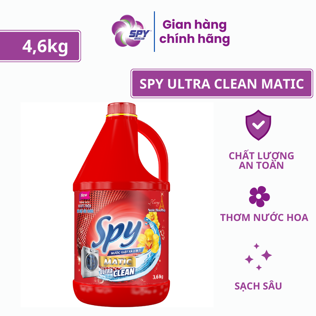 Can nước giặt xả SPY Ultra Clean Matic cửa trên 4,6 kg trắng sạch sâu, ít bọt, thơm lâu