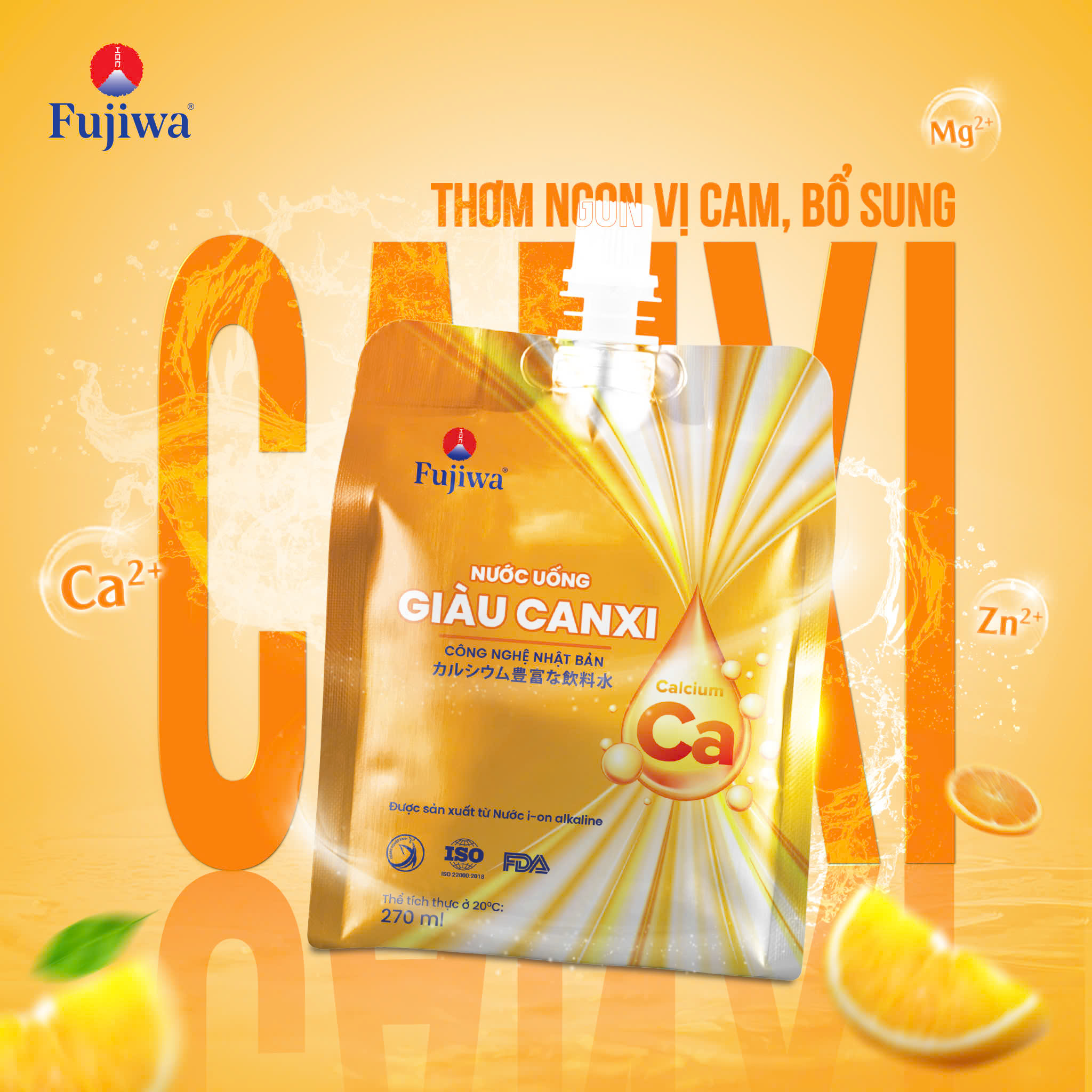 Nước uống giàu Canxi vị cam 270ML - Canxi Fujiwa MỚI - Năng lượng cho ngày dài năng động