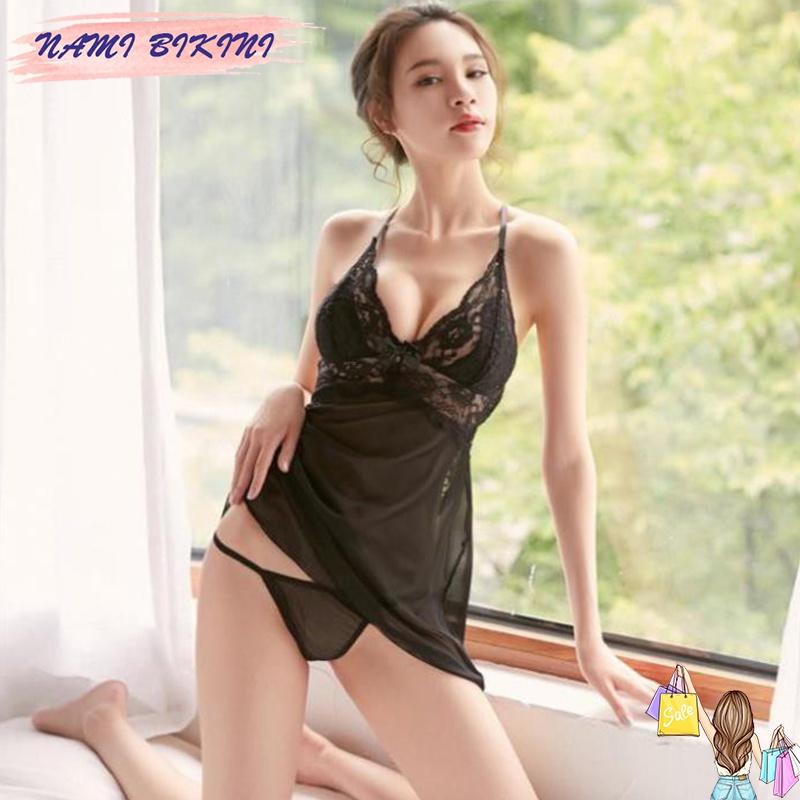 Váy ngủ xuyên thấu kèm quần lọt khe đầm ngủ sexy phối ren váy 2 dây chéo gợi cảm Nami