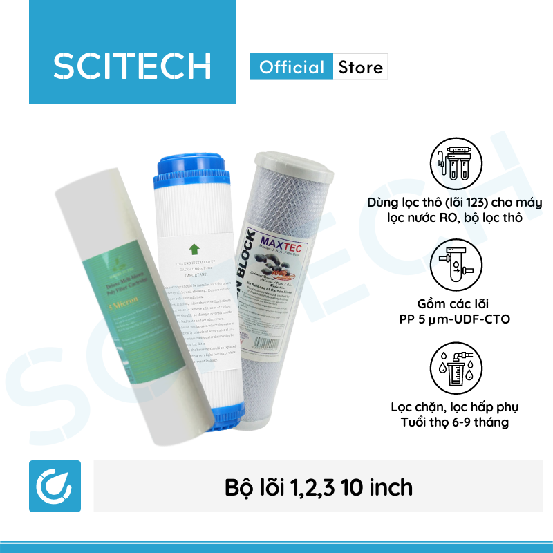 Bộ lõi lọc nước số 1,2,3 (PP-UDF-CTO) 10 inch dùng trong máy lọc nước RO, bộ lọc thô - Hàng chính hãng