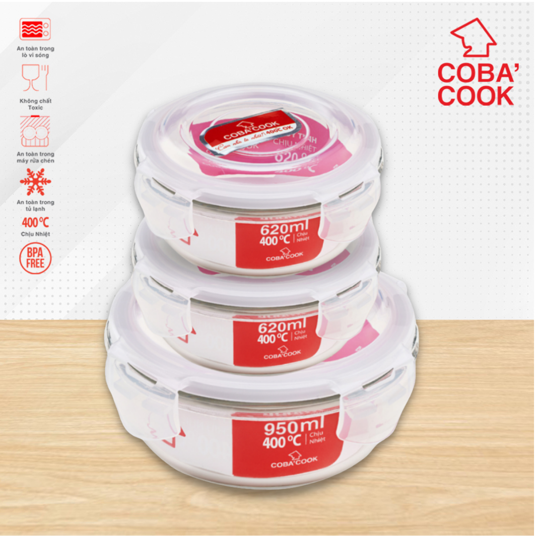 Bộ 3 hộp thủy tinh hình tròn trữ thực phẩm chịu nhiệt 1 hộp 950ml 2 hộp 620ml COBA'COOK-CCR9R63