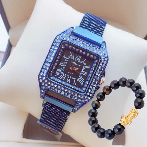 Đồng hồ nữ dây kim loại nam châm mặt vuông đính đá sang trọng(Màu Xanh) + tặng kèm vòng tay tỳ hưu thời trang may mắn