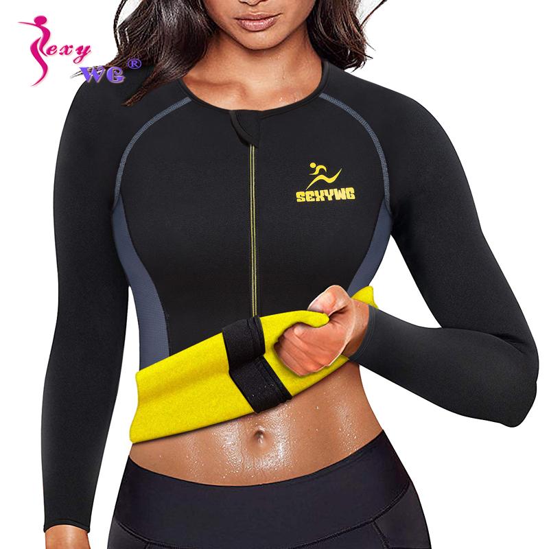 SEXYWG Giảm Béo tập Toàn Thân Thể Dục Chặt Nữ Neoprene Xông Hơi Phù Hợp Với Vòng Eo Huấn Luyện Định Thảm Yoga Dây Kéo Áo Sơ Mi Dài Tay Áo
