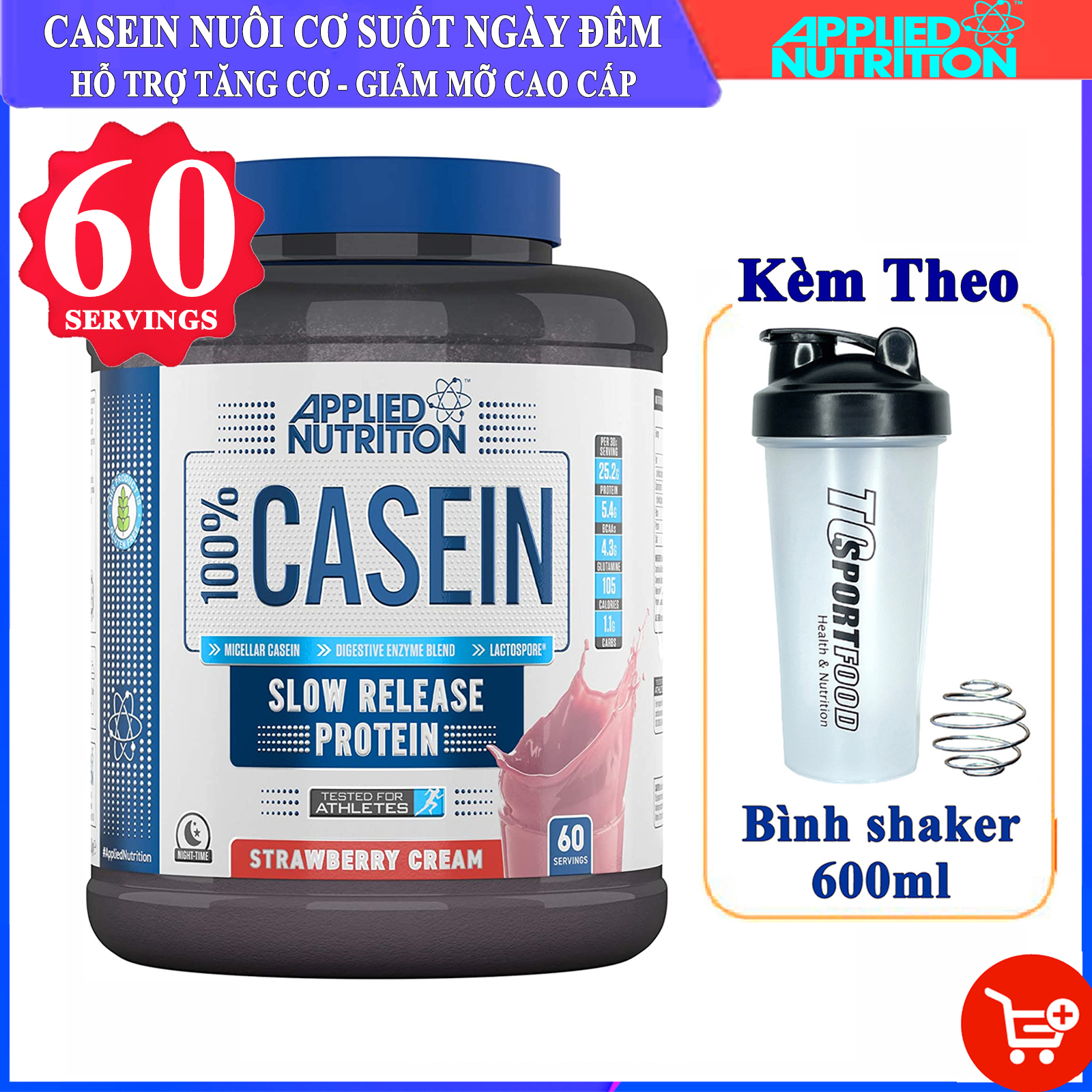 Combo Sữa tăng cơ giảm mỡ 100% CASEIN của APPLIED NUTRITION hỗ trợ nuôi cơ suốt ngày đêm &amp; Bình shaker 600ml (màu ngẫu nhiên)