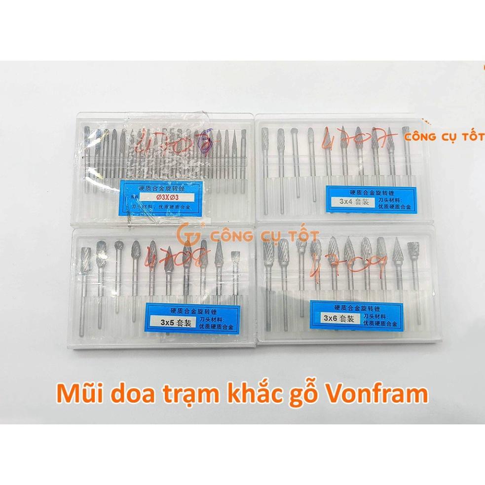 Bộ 10 đầu doa trạm khắc gỗ vonfram cỡ 4/5/6mm trục cốt 3ly