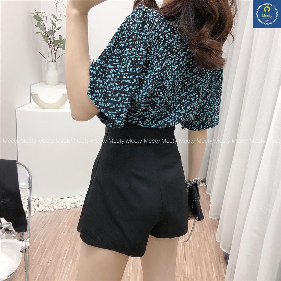 Set Áo Sơ Mi Họa Tiết Áo Sơ Mi Ngắn Tay Cổ Vạt Mix Quần Short Giả Váy Vải Voan Cá Tính, Xinh Xắn- Meety