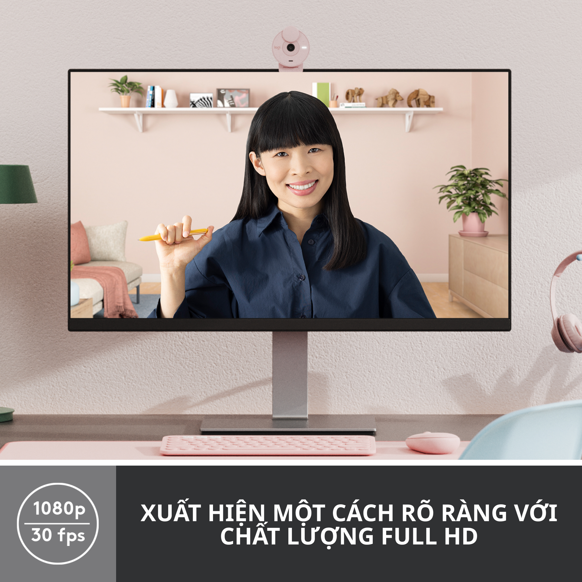 Máy Webcam Full HD Logitech Brio 300 Màn che ống kính, Micro giảm tiếng ồn, USB-C, được chứng nhận cho Zoom, Microsoft Teams, Google Meet, tự động điều chỉnh Ánh sáng - Hàng chính hãng