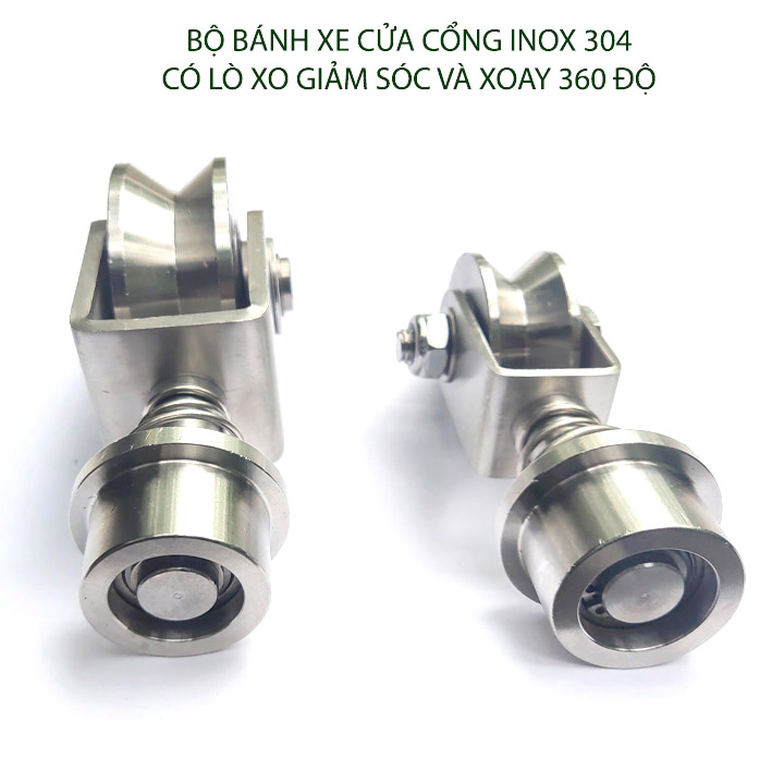 Bộ bánh xe cho cửa cổng trượt-lùa kiêm xoay 360 độ, làm bằng inox 304 có lò xo giảm chấn, Kích thước 16-22mm tùy chọn