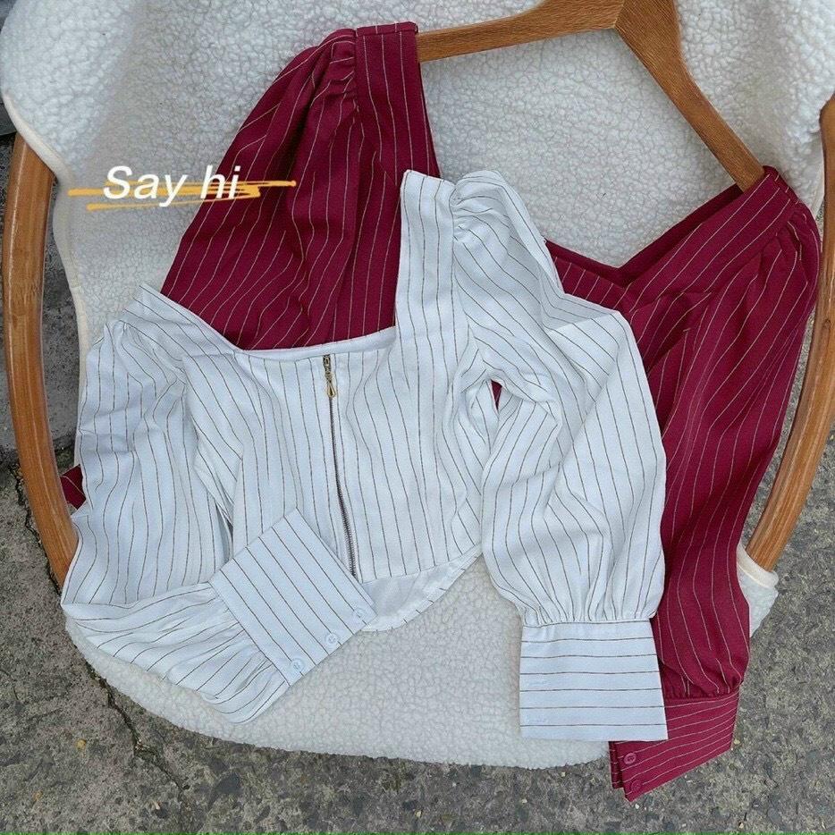 Áo Croptop Sọc Xanh Cổ Vuông Khoét Eo Áo Tay Dài Bó Tay Có Khóa Lưng