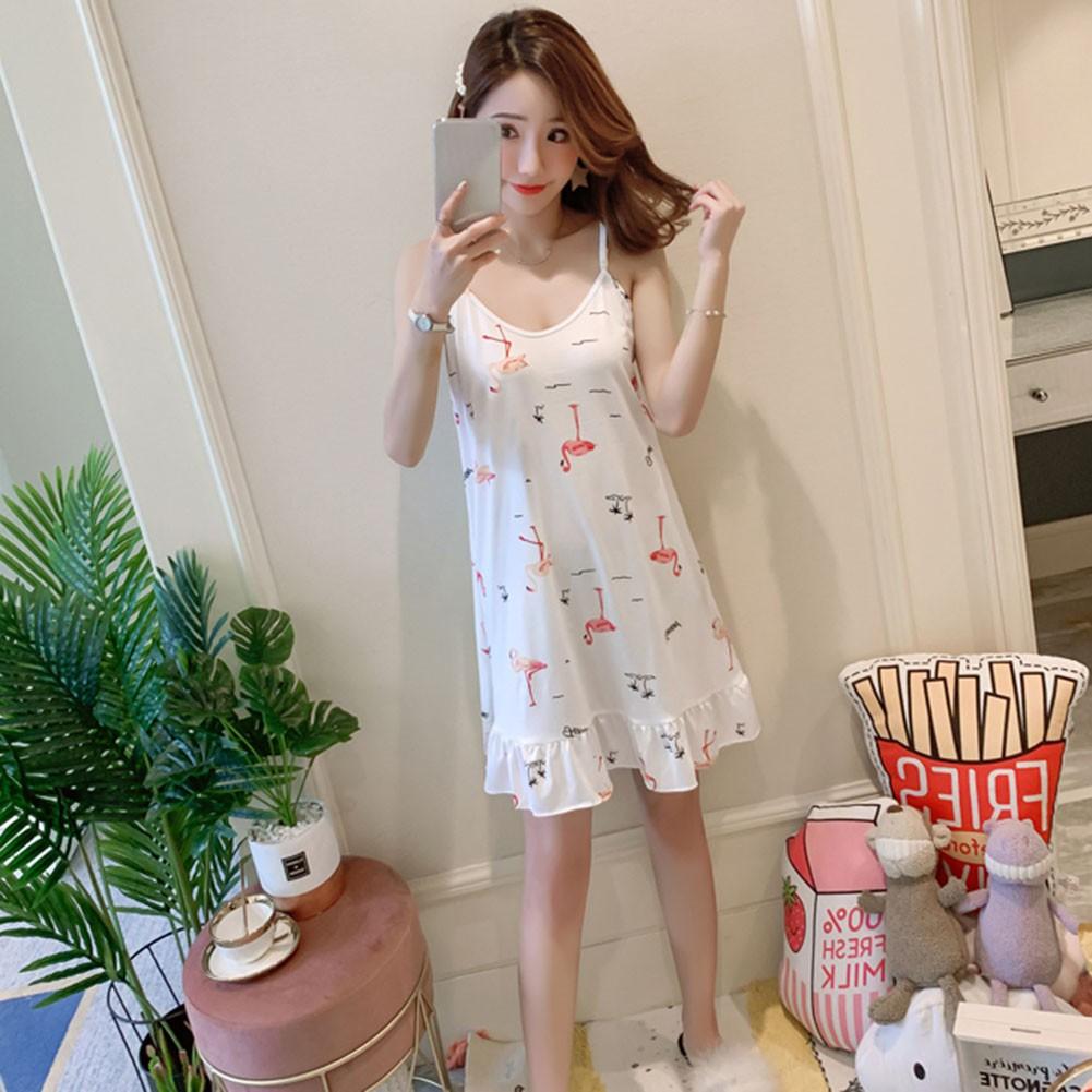 Đầm ngủ hai dây dáng rộng họa tiết in xinh xắn mùa hè cho nữ