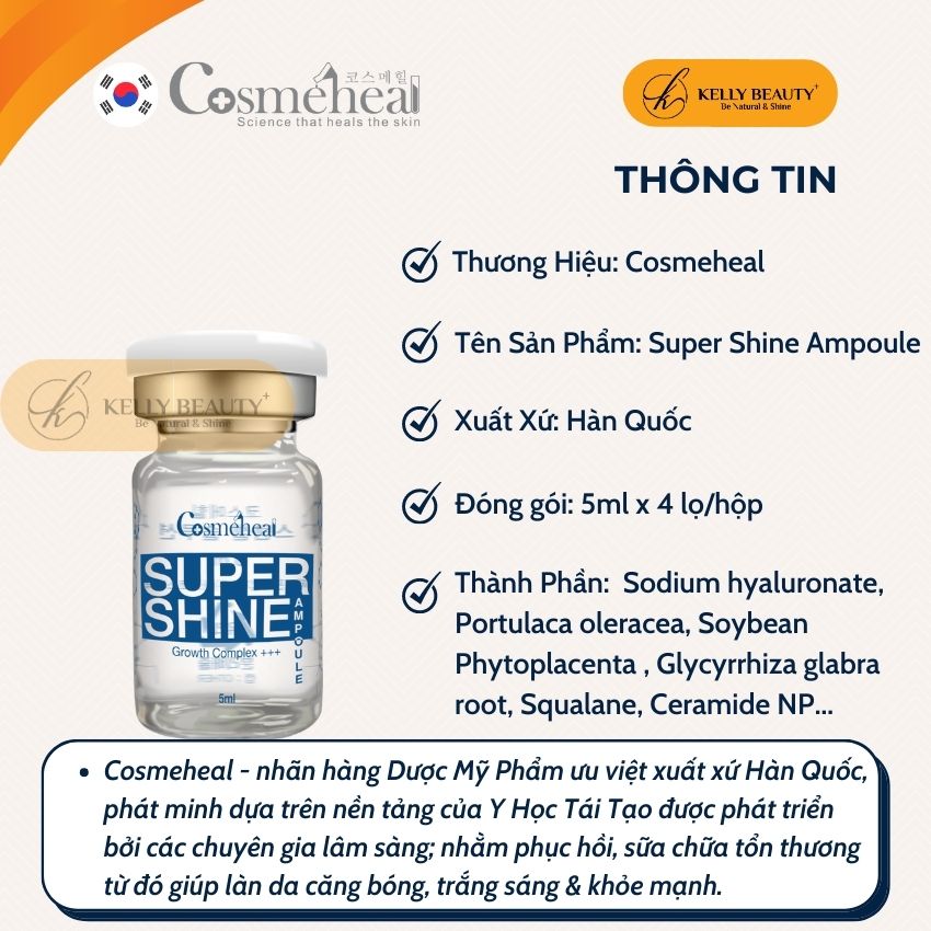 Tế Bào Gốc Căng Bóng Da Cosmeheal SuperShine Ampoule - Phục Hồi Da Tổn Thương, Cấp Ẩm Sâu, Nuôi Da Khỏe | Kelly Beauty