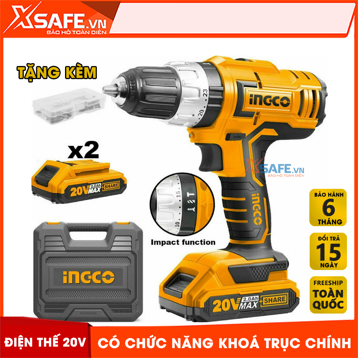 Máy khoan búa dùng pin Lithium 20V INGCO CIDLI20031 Tặng kèm 53 món gồm 2 pin, 1 sạc và 50 món linh kiện có đèn LED