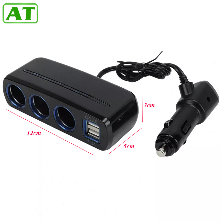 Bộ Chia Tẩu Sạc Ô Tô ,Xe Hơi 3 Tẩu - 2 Usb QC 3.0 Công Suất 120W Kết Hợp Led