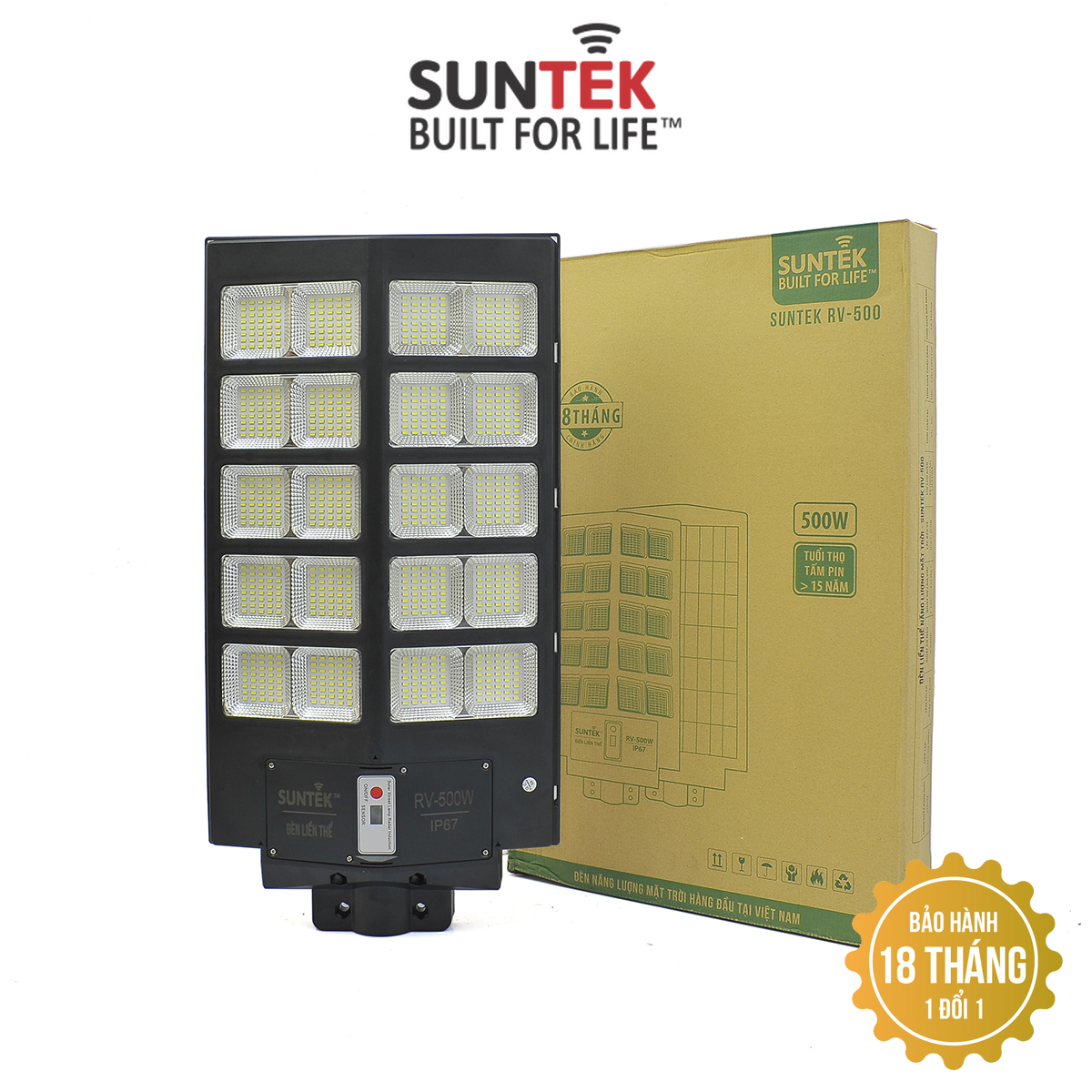 Đèn Đường Liền Thể Năng Lượng Mặt Trời SUNTEK RV-500W - Sáng suốt đêm  | Tự động Bật/Tắt | Điều khiển Từ Xa | Chống Nước/Bụi/Sét | Tuổi thọ bóng LED 50.000 giờ - Hàng Chính Hãng - Bảo hành 18 tháng 1 đổi 1