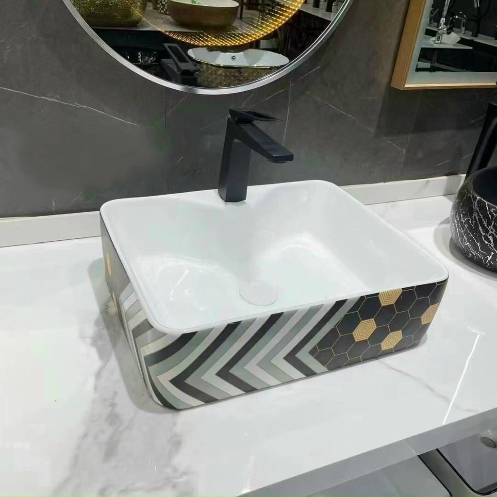 Chậu Lavabo Vuông Đặt Bàn Họa Tiết Hoa Văn Đen