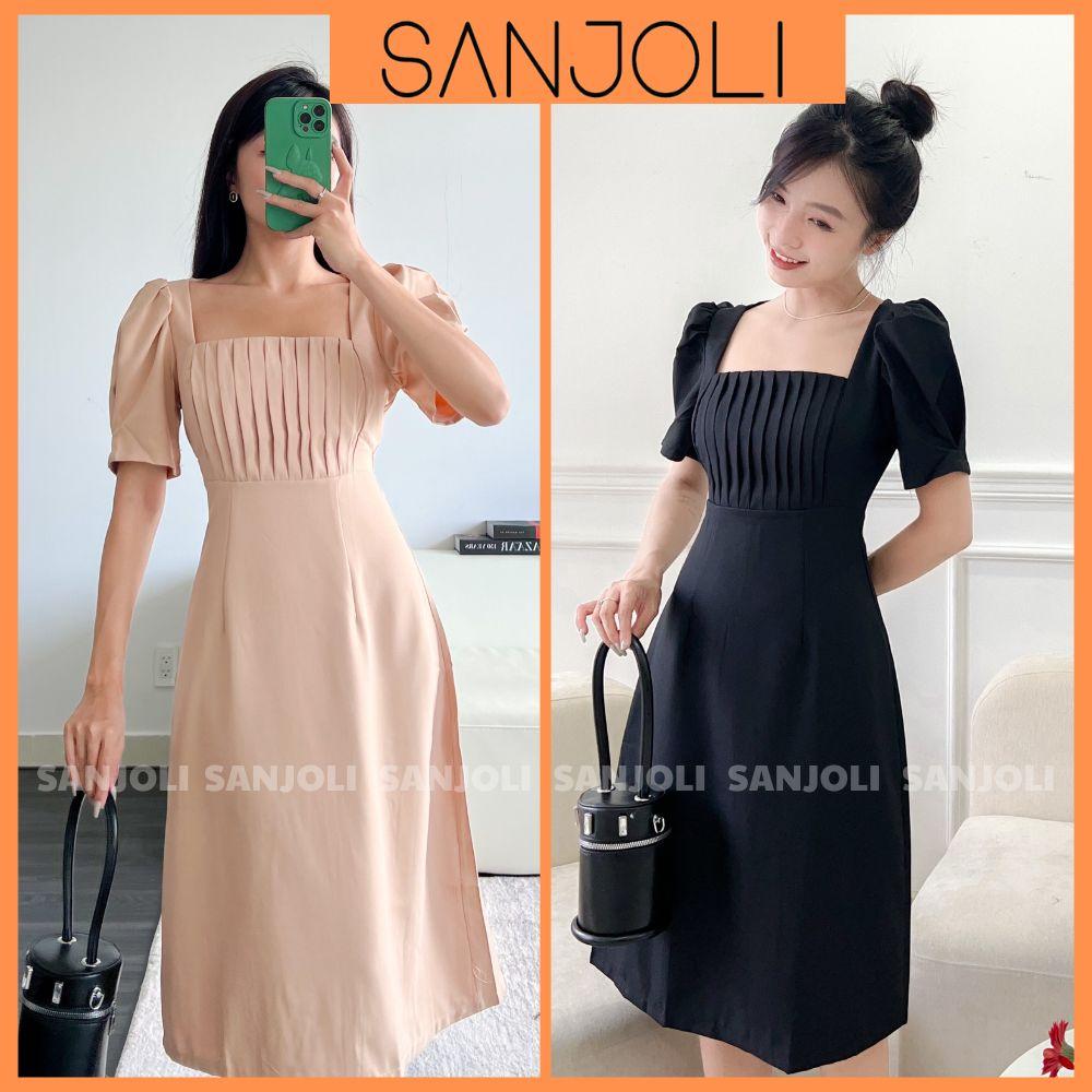Váy Công Sở Nữ SANJOLI Đầm Dự Tiệc Thiết Kế Cổ Vuông Tay Phồng Họa Tiết Xếp Ly Phong Cách Hàn Quốc Sang Trọng VD017