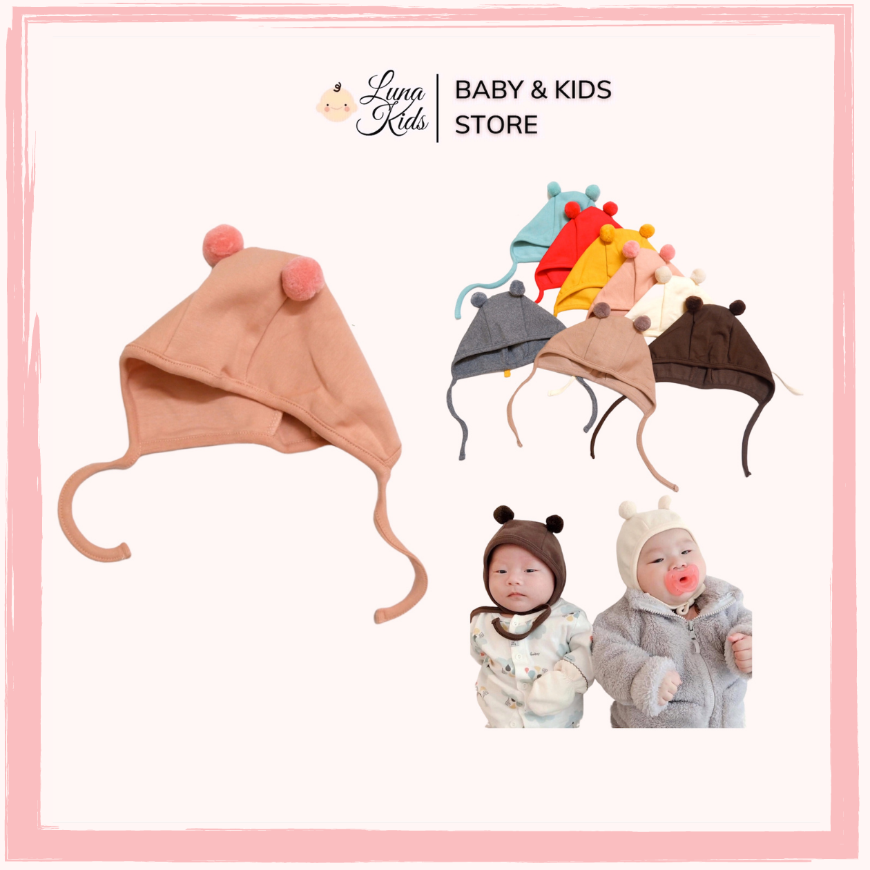 Mũ cotton hai quả bông cho bé yêu, bé trai, bé gái, trẻ sơ sinh - LunaKids [Ảnh thật