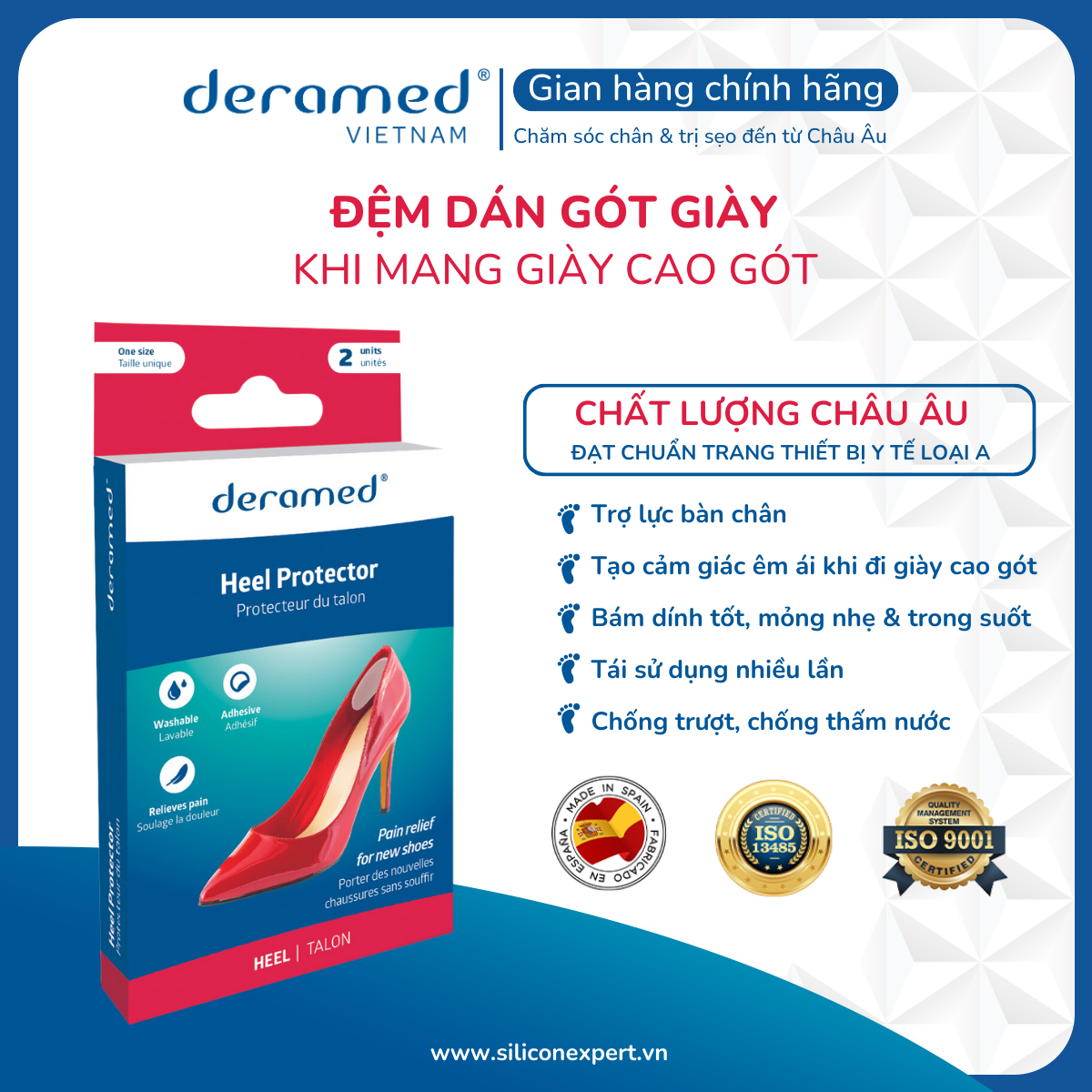 ĐỆM DÁN GÓT GIÀY DERAMED SIÊU ÊM CHÂN, CHỐNG ĐAU MỎI VÀ MA SÁT CHO GÓT CHÂN, LÓT GÓT GIÀY BỊ RỘNG - 1 CẶP CÓ THỂ TÁI SỬ DỤNG - NHẬP KHẨU, SẢN XUẤT TẠI TÂY BAN NHA