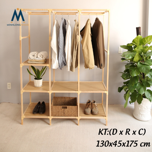Tủ Treo Quần Áo - Giá Treo Quần Áo - Minhlongwood 3 Buồng 7 Ngăn - M38 Trang Trí Nội Thất-Màu Gỗ Tự Nhiên