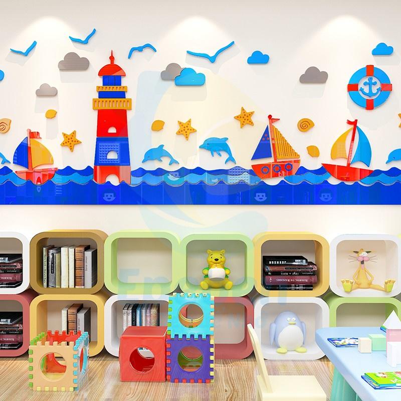 Tranh dán tường mica 3d decor khổ lớn đại dương ngọn hải đăng trang trí mầm non, mẫu giáo, phòng cho bé