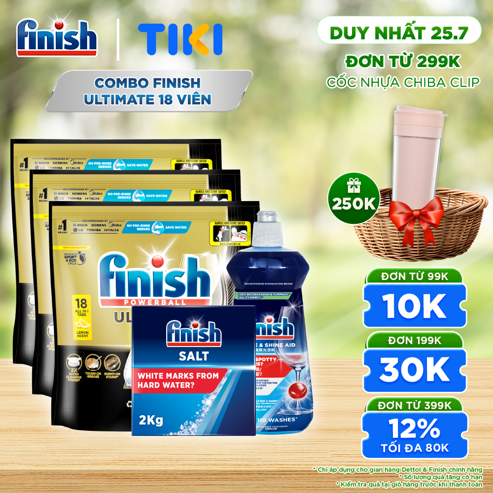 Combo 3 Viên rửa chén Finish Ultimate 18 viên + Nước làm bóng 500ml + Muối rửa chén 2kg