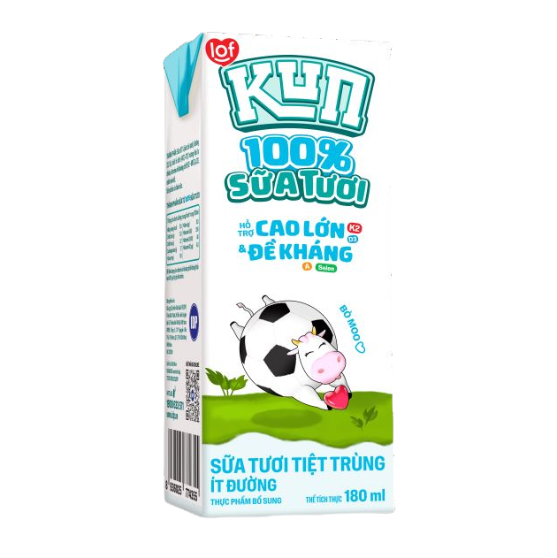 Thùng 48 hộp KUN 100% Sữa tươi ít đường 180ml/hộp