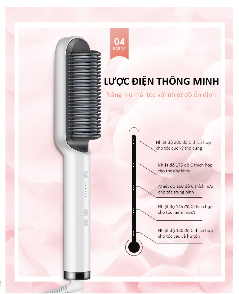 Lược Điện Chải Tóc, Công Suất 45W, Giúp Tóc Bồng Bềnh, Óng Mượt; Làm Xoăn, Duỗi Thẳng Dễ Dàng, Có Đèn Cảnh Báo Nhiệt Độ, Tăng Giảm Nhiệt Độ Dễ Dàng