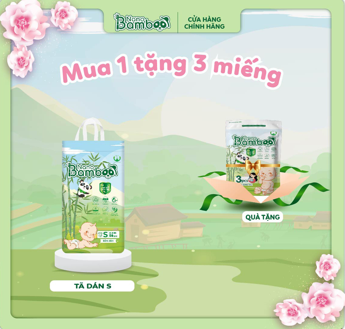 Tã/Bỉm Dán Nano Bamboo sợi tre thiên nhiên size S 56 miếng