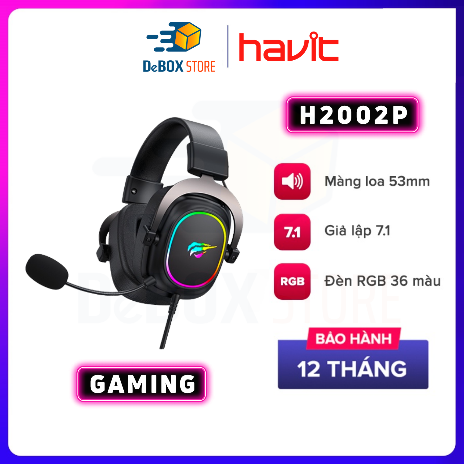 Tai Nghe Gaming Headphone HAVIT H2002P, Driver 53mm, Đèn RGB 36 Màu, Giả Lập 7.1 - Hàng Chính Hãng