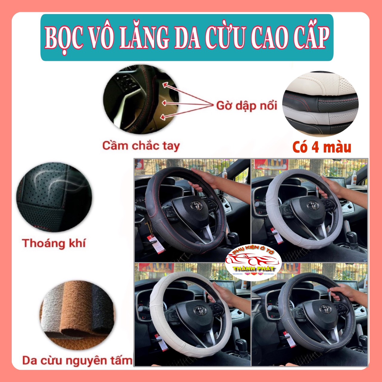 Bọc vô lăng tay lái ô tô xe hơi DA CỪU cao cấp dành cho xe 4 chỗ 5 chỗ 7 chỗ bán tải đường kính 38cm