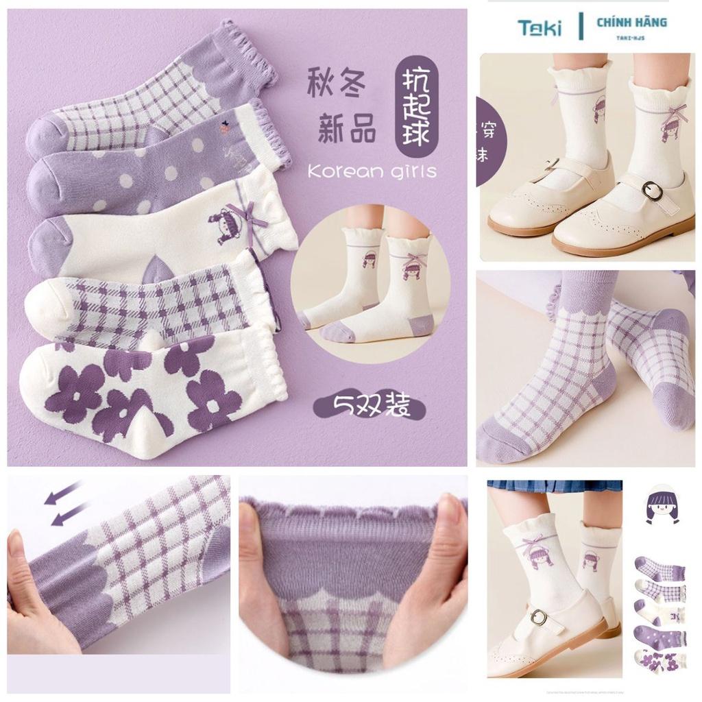 Set 5 đôi tất vớ cotton cổ ren cao mềm ấm cho bé hình korean girl màu tím