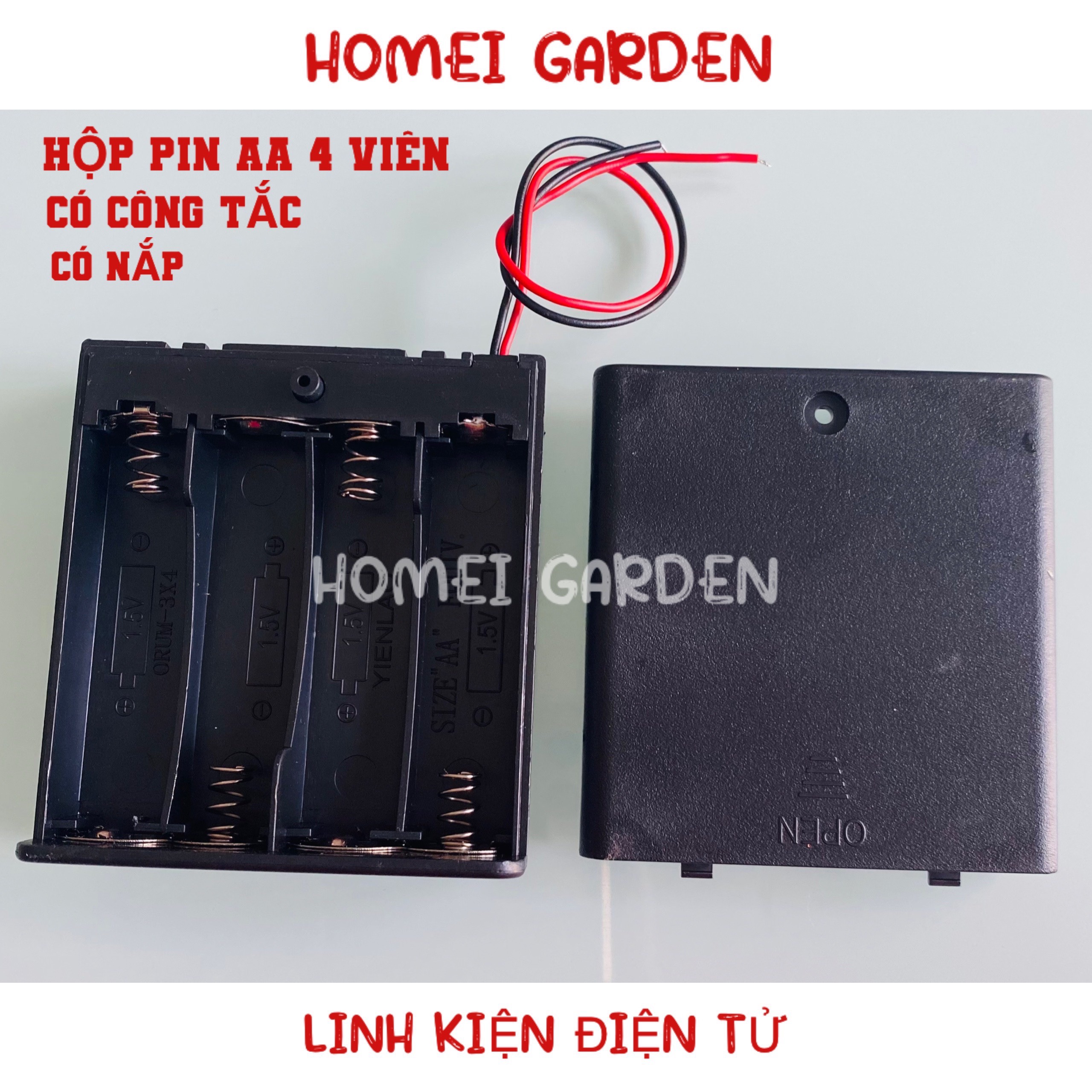 Khay pin có nắp đậy kèm công tắc loại 4 pin để chế tạo đồ chơi chạy pin DIY stem - HM0132