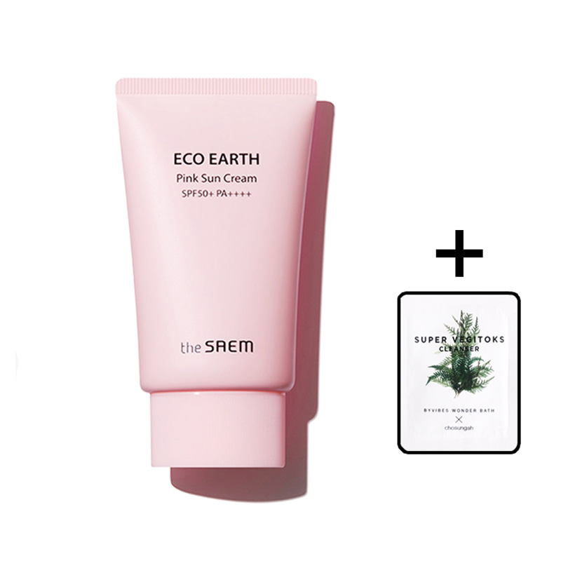 Kem chống nắng The Saem Eco Earth Power Pink Sun Cream 50g [Mẫu Mới] + Tặng 1 gói sữa rửa mặt thải độc Super Vegitoks Cleanser 3ml