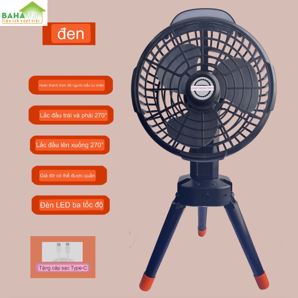 QUẠT GẬP 3 CHÂN KHÔNG CHỔI THAN - QUẠT DÃ NGOẠI ĐA NĂNG GẤP GỌN SẠC USB &quot;BAHAMAR&quot; Quạt được thiết kế hiện đại, đẹp, nhỏ gọn, có chân đế tripod giúp đứng vững hoặc móc treo lều, gập lại được, sử dụng tiện lợi