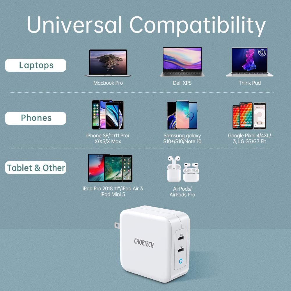 Adapter Củ Sạc 100W 2 Cổng Type C cho Macbook, Laptop, Smartphone CHOETECH PD6008 Kèm Dây Cáp Type C to C 100W - Hàng Chính Hãng