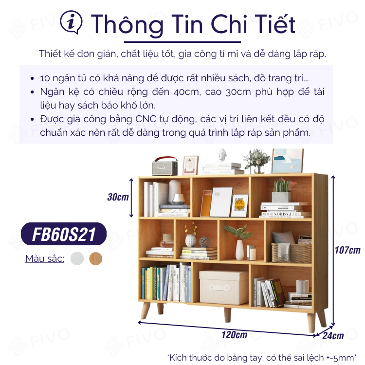 Kệ Sách Gỗ Gia Đình FIVO Mã FB60 Với Chất Liệu Gỗ MDF Cao Cấp, Xu Hướng Mới Của Năm, Có Kèm Tấm Lưng (Kích Thước 120x24x107cm)