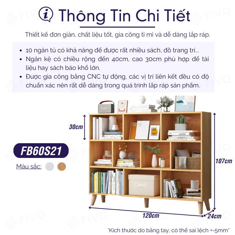 Kệ Đựng Sách Gỗ MDF FIVO FB60 (120 x 24 x 107cm) Nhiều Ngăn (Có Kèm Tấm Lưng) - Hàng Chính Hãng