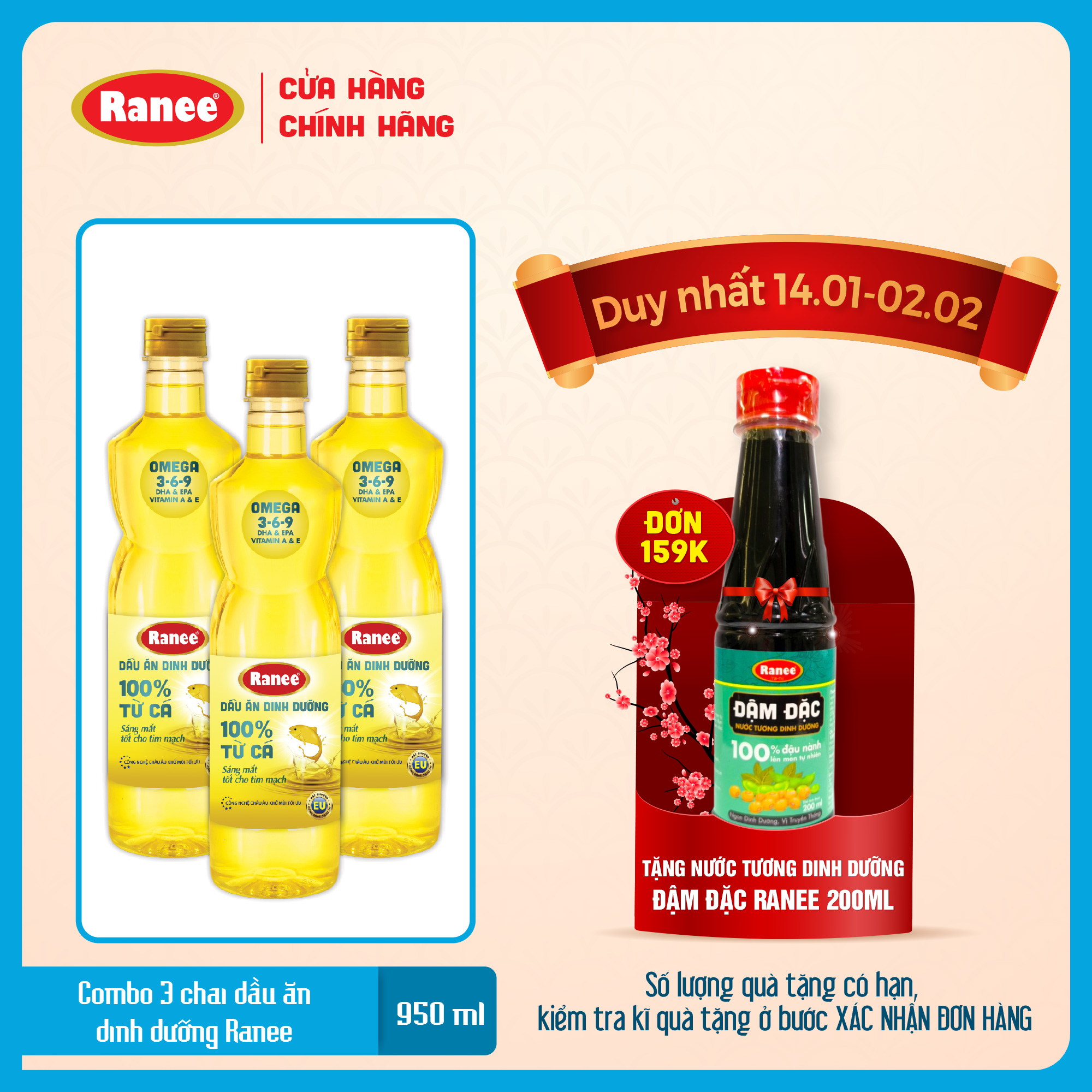 Combo 3 chai dầu ăn dinh dưỡng Ranee 950ml
